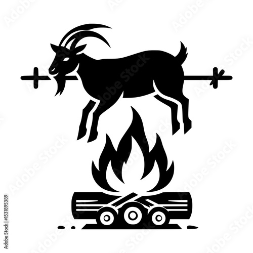 Roasted goat on a spit over a bonfire
