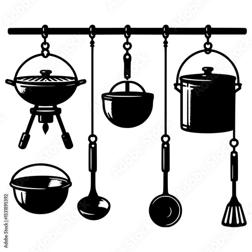 Black and white illustration of hanging kitchen utensils
