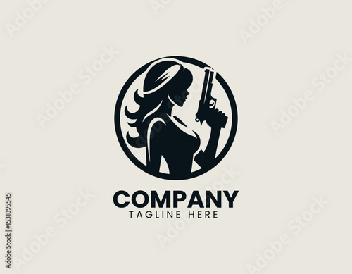 Powerful Woman Silhouette Holding Gun Bold Strength Dynamic Vector Logo Design