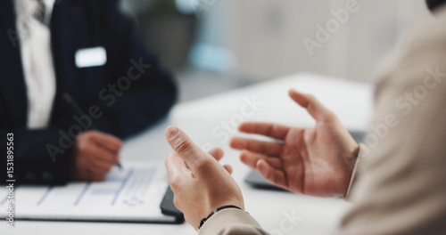 Obraz na plátně Hands, doctor and patient with prescription at clinic, writing or discussion for healthcare service