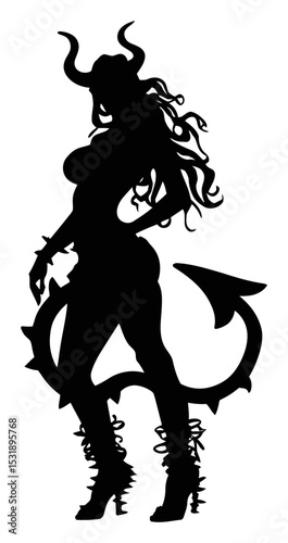 Elegant Female Silhouette with Horns and Elegant Tail in Vector Style