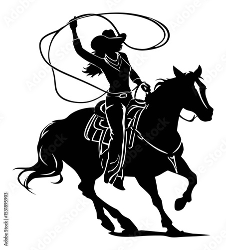 Cowgirl Performing Lasso Trick While Riding Horse in Bold Vector Design