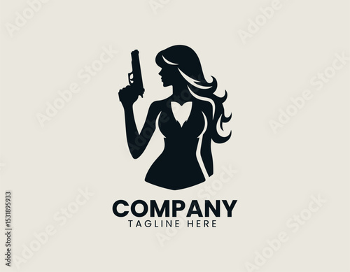 Powerful Woman Silhouette Holding Gun Bold Strength Dynamic Vector Logo Design