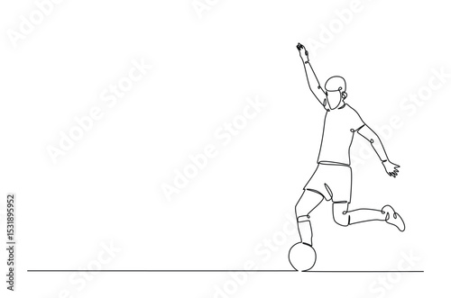 Football player in action in continuous one line drawing. Single line art illustration of soccer player. Editable vector.