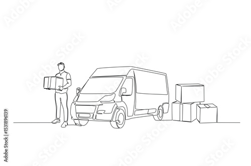 Delivery man holding cardboard box in continuous one line drawing. Single line art illustration of courier man with the truck. Editable vector.