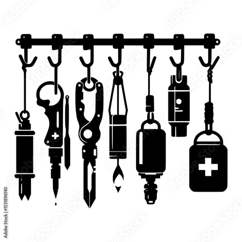 Black and white illustration of tools hanging on a rack