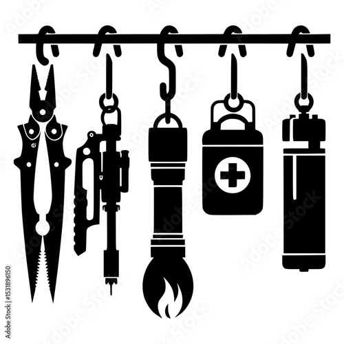 Essential survival gear hanging on a rack