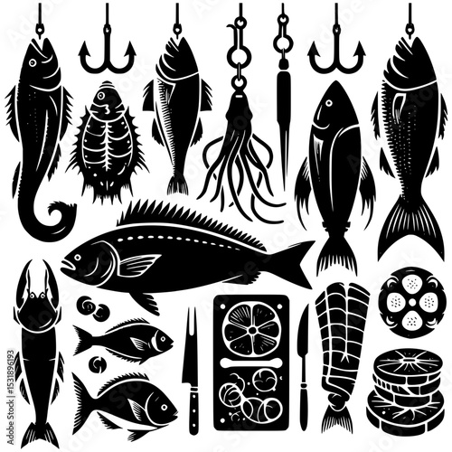 Variety of seafood hanging and on cutting board