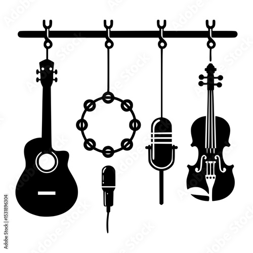 Musical instruments and microphones hanging decor