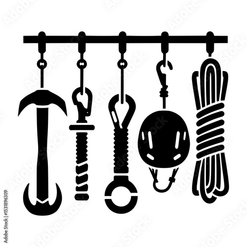 Ice climbing equipment hanging on rack