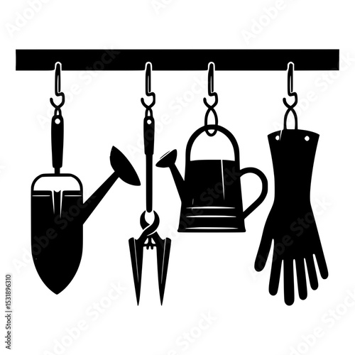 Gardening tools hanging on a rack silhouette