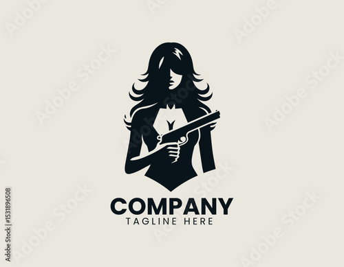 Powerful Woman Silhouette Holding Gun Bold Strength Dynamic Vector Logo Design