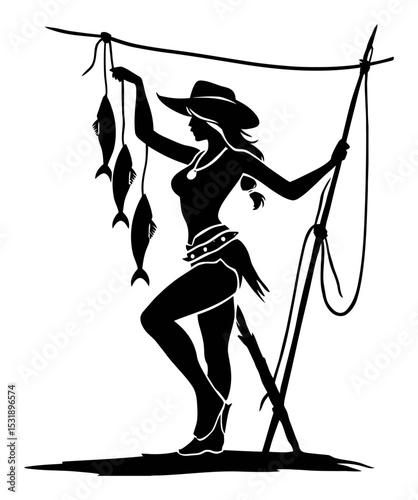 Woman Silhouette Holding Fish in Rustic Setting with Fishing Equipment