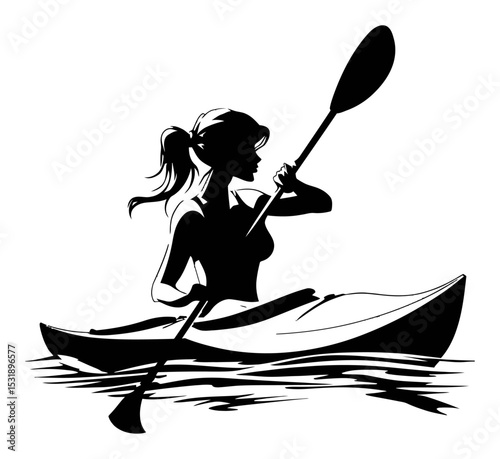 Silhouette of a Woman Kayaking with Paddle on Calm Water Surface