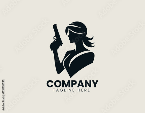 Powerful Woman Silhouette Holding Gun Bold Strength Dynamic Vector Logo Design