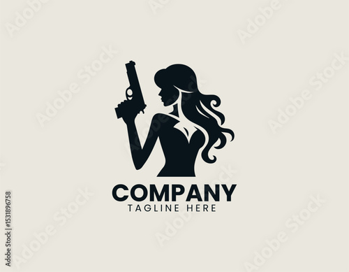 Powerful Woman Silhouette Holding Gun Bold Strength Dynamic Vector Logo Design