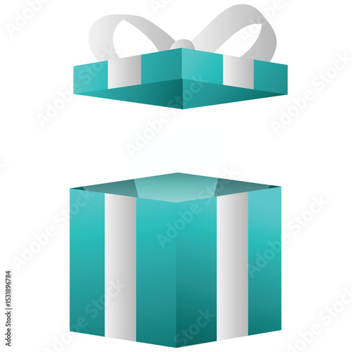 Open Gift Box. Vector illustration of Silver gift box with blue ribbon and star pattern, open and ready for a surprise. Isolated on background