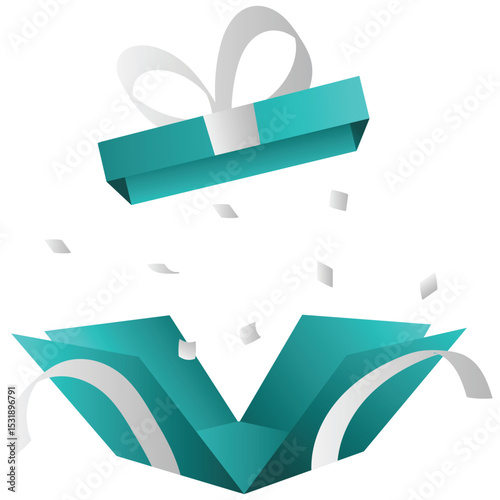 Open Gift Box. Vector illustration of Blue gift box with white stars and ribbon, shown with an open lid and glowing interior Isolated on background