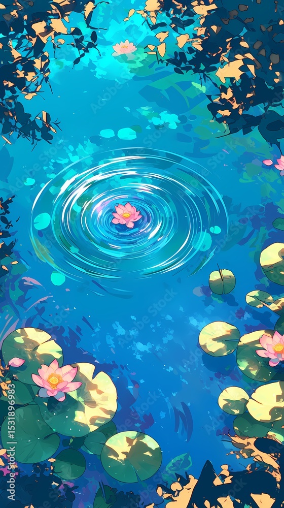 Fototapeta premium Blue green pond lotus green water ripples illustration poster background