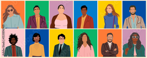 Set of multiethnic multiracial men and women avatars for social media networks. Diverse cartoon character vector illustrations isolated on colorful background. Head portraits, Modern profile pictures.