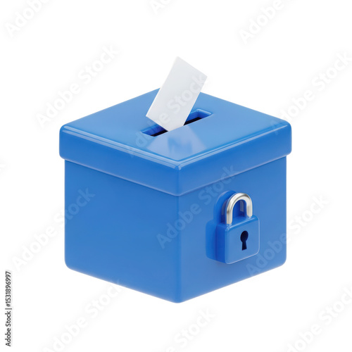 Blue Security Box with Padlock and Voting Ballot Inside on White Background