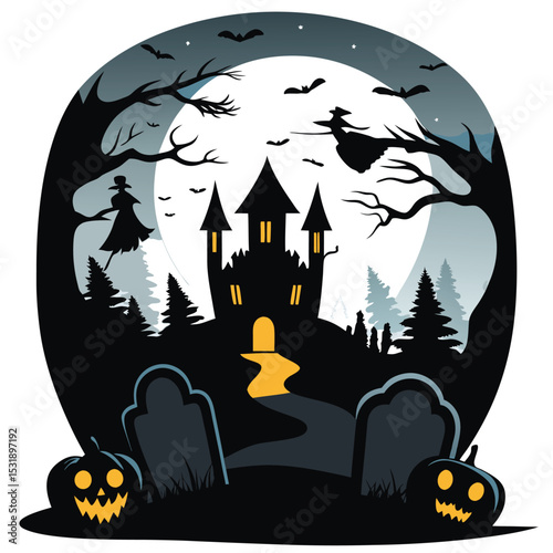 A captivating Halloween scene featuring a silhouette of a gothic castle nestled in a dark forest under a full moon.