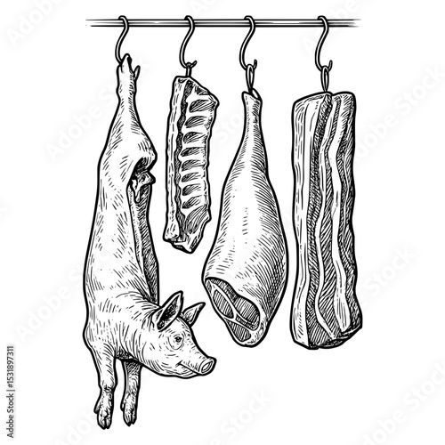 hand-drawn vector illustration pig meat hanging black color vector 