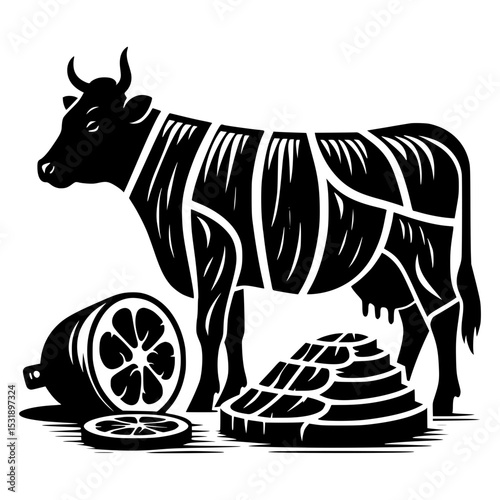 Butcher cow diagram with steak and sausage
