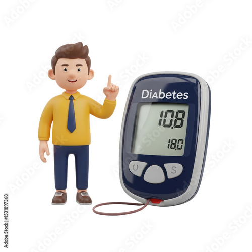 Cartoon Man Wearing Yellow Shirt Standing Next to Glucose Meter Displaying Blood Sugar Level
