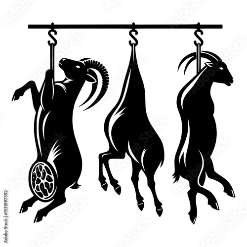 Three goats hanging butcher shop illustration