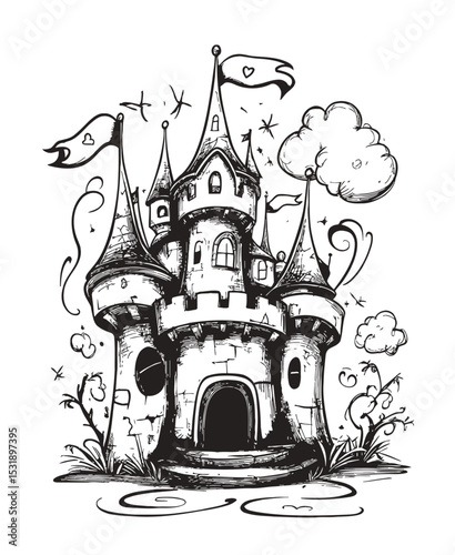 Enchanted Castle Illustration with Turrets and Whimsical Elements