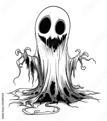Spooky Cartoon Ghost Character with Creepy Eyes and Flowing Slime