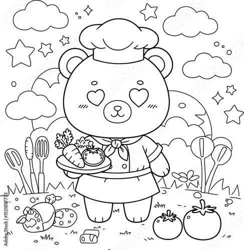 A delightful coloring page featuring an adorable teddy bear chef with loving, heart-shaped eyes. Dressed in a classic hat and apron, he proudly presents a platter of fresh garden vegetables.