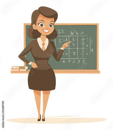 Happy Cartoon Teacher in Classroom with Chalkboard and Books
