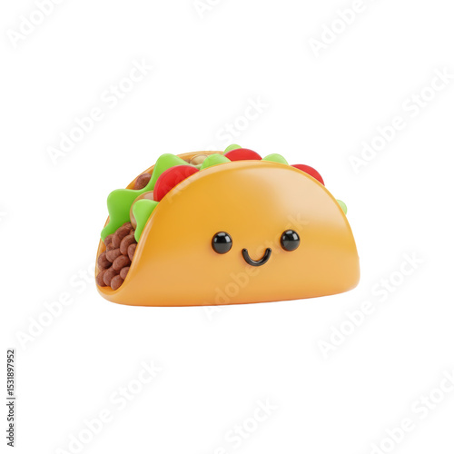 Cute Toy Taco with Smiling Face and Colorful Toppings on White Background