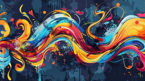 Colorful abstract artistic painting with swirling lines and splatter design