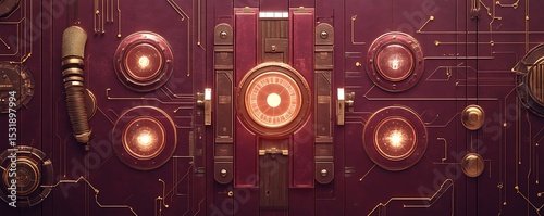 Ancient cipher machine mock concept with radiant symbols on burgundy schematic -