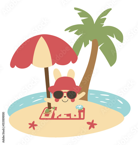 Cute Cartoon Animal Relaxing Under Umbrella on Tropical Beach Scene