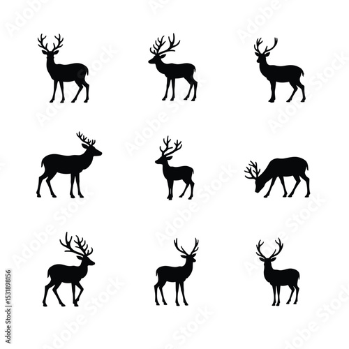 Nine deer silhouettes collection set wildlife animals