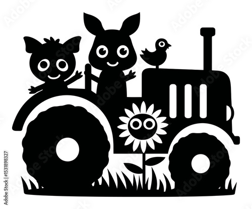 Cute Cartoon Silhouette of Animal Characters on a Tractor with Flowers