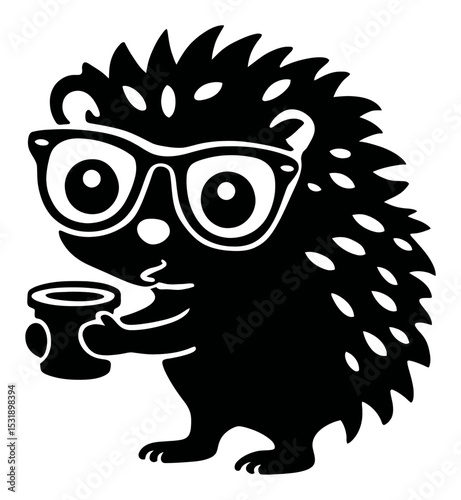 Cute Cartoon Hedgehog Silhouette Wearing Glasses Holding a Cup