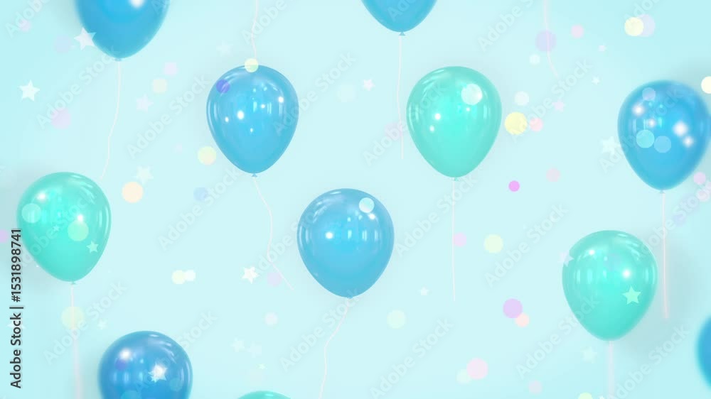 Background of star and confetti falling on blue and green balloons created with CG	