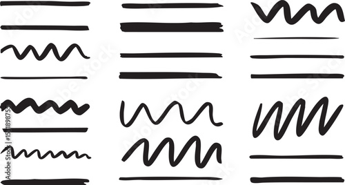 Collection of hand drawn black lines and underlines in various styles