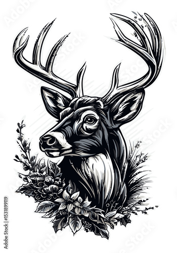 Elegant Black and White Deer Illustration with Floral Accents
