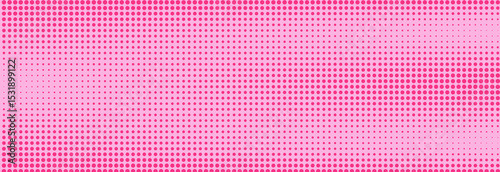 Pink halftone pattern. Retro comic gradient background. Rose pixelated dotted texture overlay. Cartoon pop art faded gradient pattern. Vector backdrop for poster, banner, advertisement