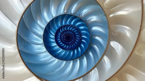 Close-up shot of a nautilus shell revealing its intricate spiral chambers in shades of white and blues, conveying growth and natural geometry