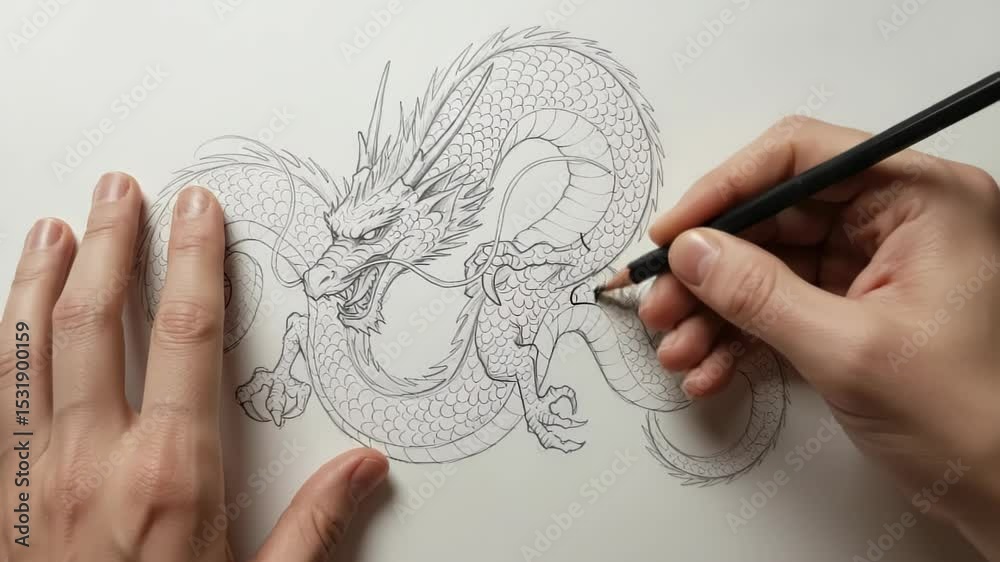 Time-lapse video of a hand drawing an intricate dragon illustration with a pencil