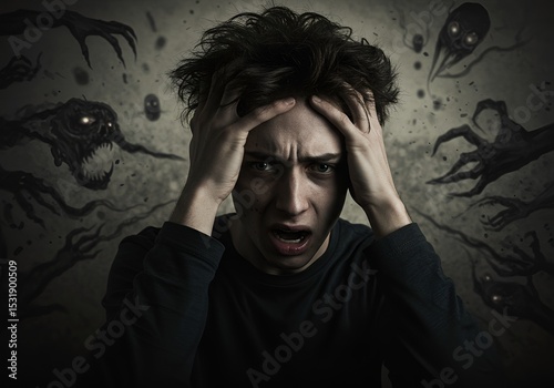 An anxious man feeling accosted by negative thoughts