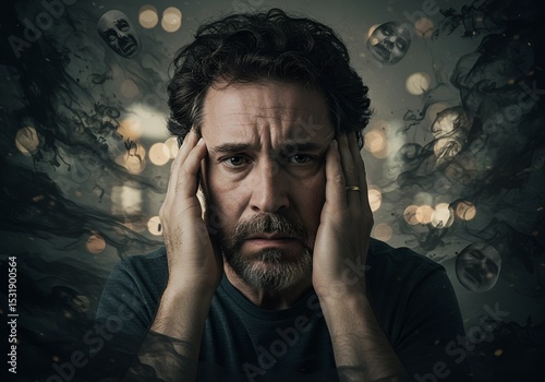 An anxious man feeling accosted by negative thoughts