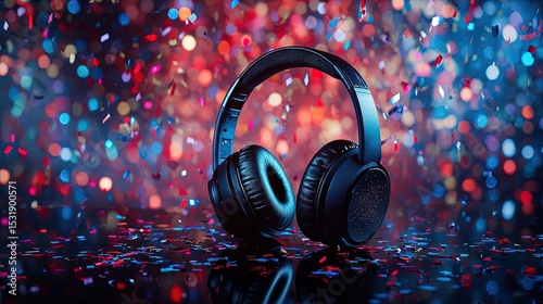 Stylish headphones on a reflective surface amidst colorful confetti.